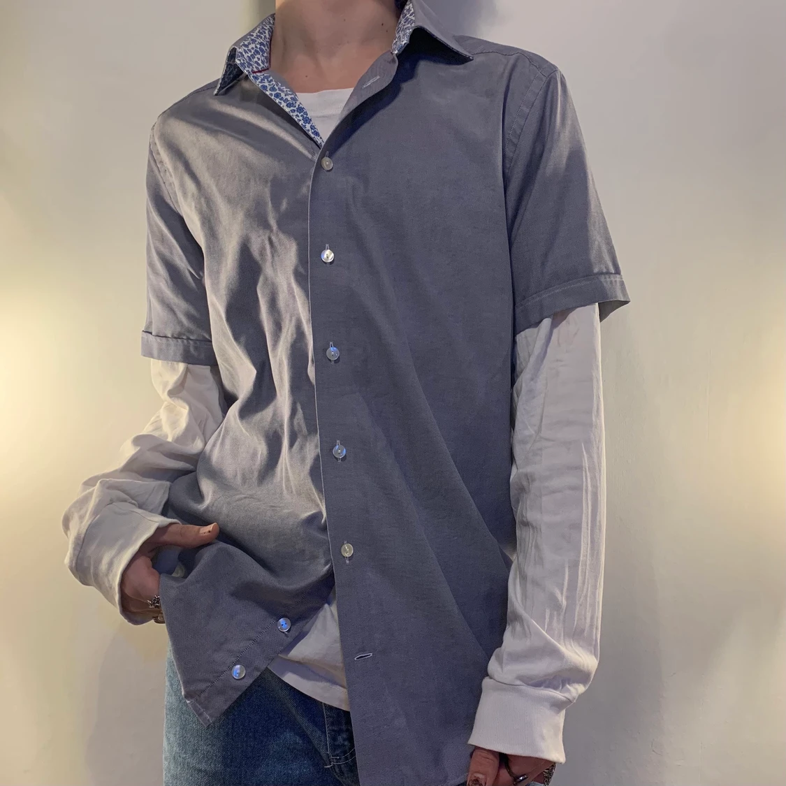 kortärmad oversized jeans blå skjorta  - 91