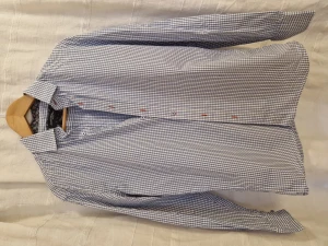 Swedish shirt design. Blue, white square pattern. - Blue and white Square pattern with some pattern at the neck. Swedish shirt design. Classic. "More slim fit type". 