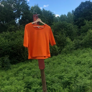 Orange t-shirt monki  - Cool t-shirt/topp från monki i tjockt och lite glansigt material. Den är lite liten i storleken så passar nog bäst på någon med storlek m eller mindre!