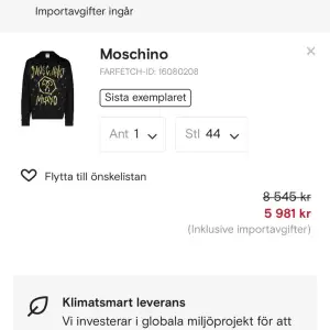 Hej! Jag säljer min moschino hoodie som är köpt på farfetch, säljer pågrund av att jag inte använder den, den är använd 4-5 gånger, kvitto medföljer om önskas 