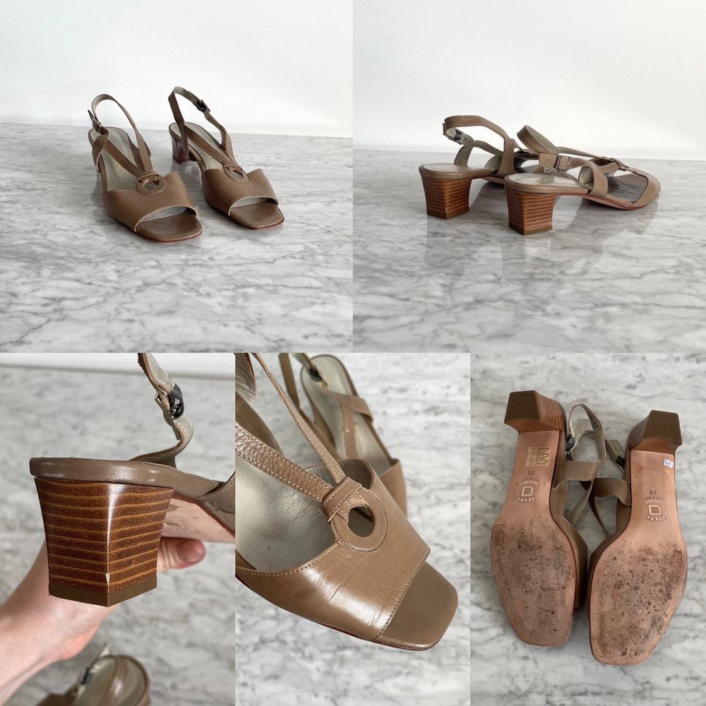 Vintage 90s 00s Y2K leather block heel squre toe sandal shoes in brown beige / taupe size 38  Real leather. Few tiny marks and scratches here and there, but nothing major. Cleaned. Label: 5,5. Fit better size 38-38,5. Heels: ca 5 cm. No returns.. Skor.