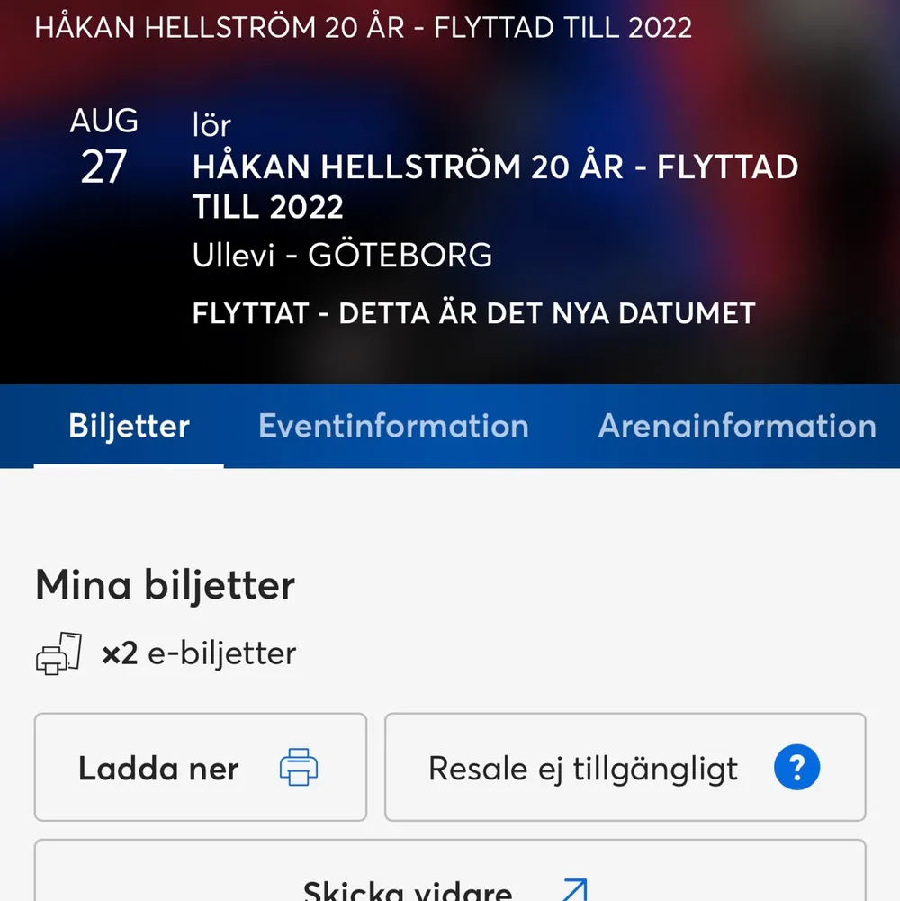 2 Håkan biljetter, 27 Agusti Ullevi Göteborg!😝🥳 700kr styck! Biljetterna är köpta på ticketmaster. . Övrigt.