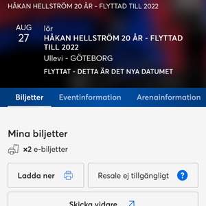 2 Håkan biljetter, 27 Agusti Ullevi Göteborg!😝🥳 700kr styck! Biljetterna är köpta på ticketmaster. 