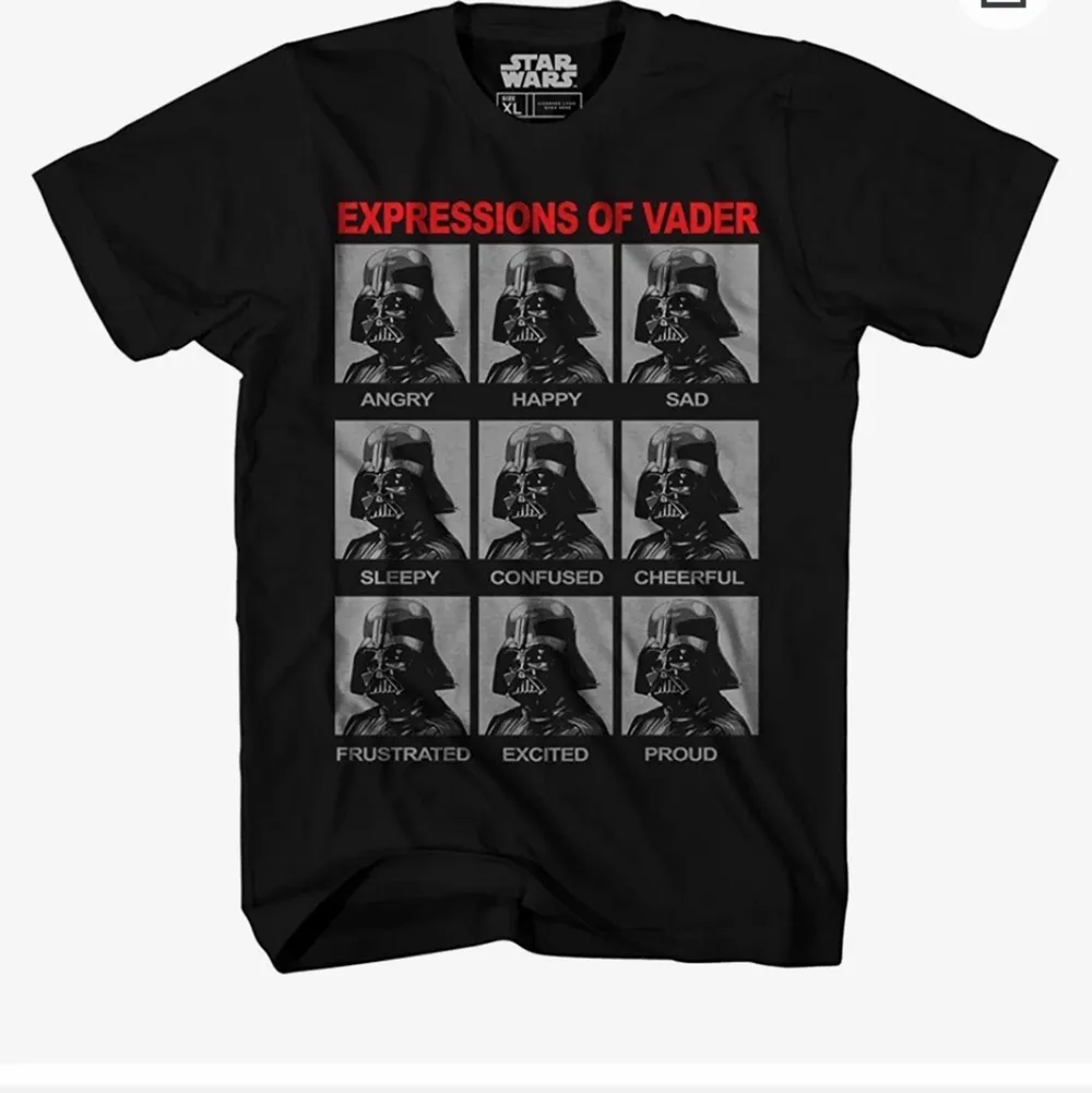 Säljer en cool T-shirt med trycket Expressions of Vader. Tröjan är i storleken XL men jag som ofta är S bär den då jag gillar en oversized look. Unisex modell.. T-shirts.