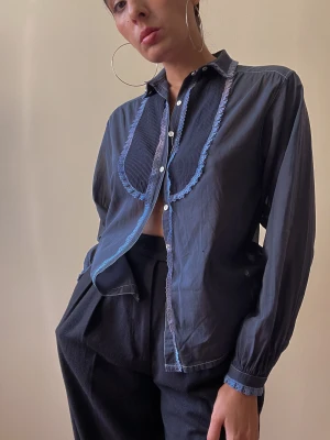 Vintage Women’s Tuxedo Top - beautiful vintage women’s tuxedo shirt, hand dyed vintage in navy blue color  lace trims and pleated front details  puffy, cuffed sleeves for feminine effect with white button closure  unique piece, some natural dye discoloration & a tiny pinhole in left 