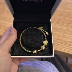 Pandora berlockarmband  - Guldplätterad berlockarmband från Pandora med 4 berlocker till. Själva armbandet är nypris 2 099 kr. Använt fåtal gånger förmodligen under 5 gånger 