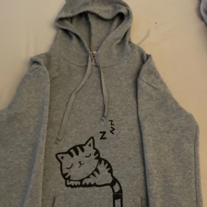 Hoodie med kattöron - Jättesöt hoodie med ett kattmoriv på framsidan och kattöron. Knappast använd. Är tyvärr för stor för mig så därför säljs denna söta hoodien! 