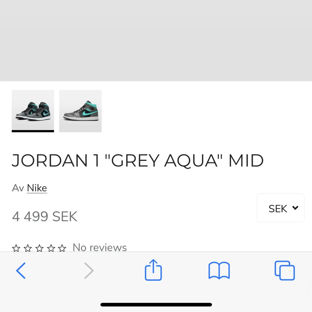 Säljer mina Jordan 1 Aqua Grey  Nypris: 4 499kr  Dina för 1100kr! Går att diskuteras vid snabb affär.   Skorna är något creesade och behöver sig en tvätt, därav priset   Storlek 45, kan passa 44.   . Skor.