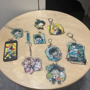 My hero academia - Stor nyckel ring : 40 kr st Liten nyckel ring: 30kr st Tsuyu magnet: 25kr Pin : 45kr st Deku sudd : 15kr 