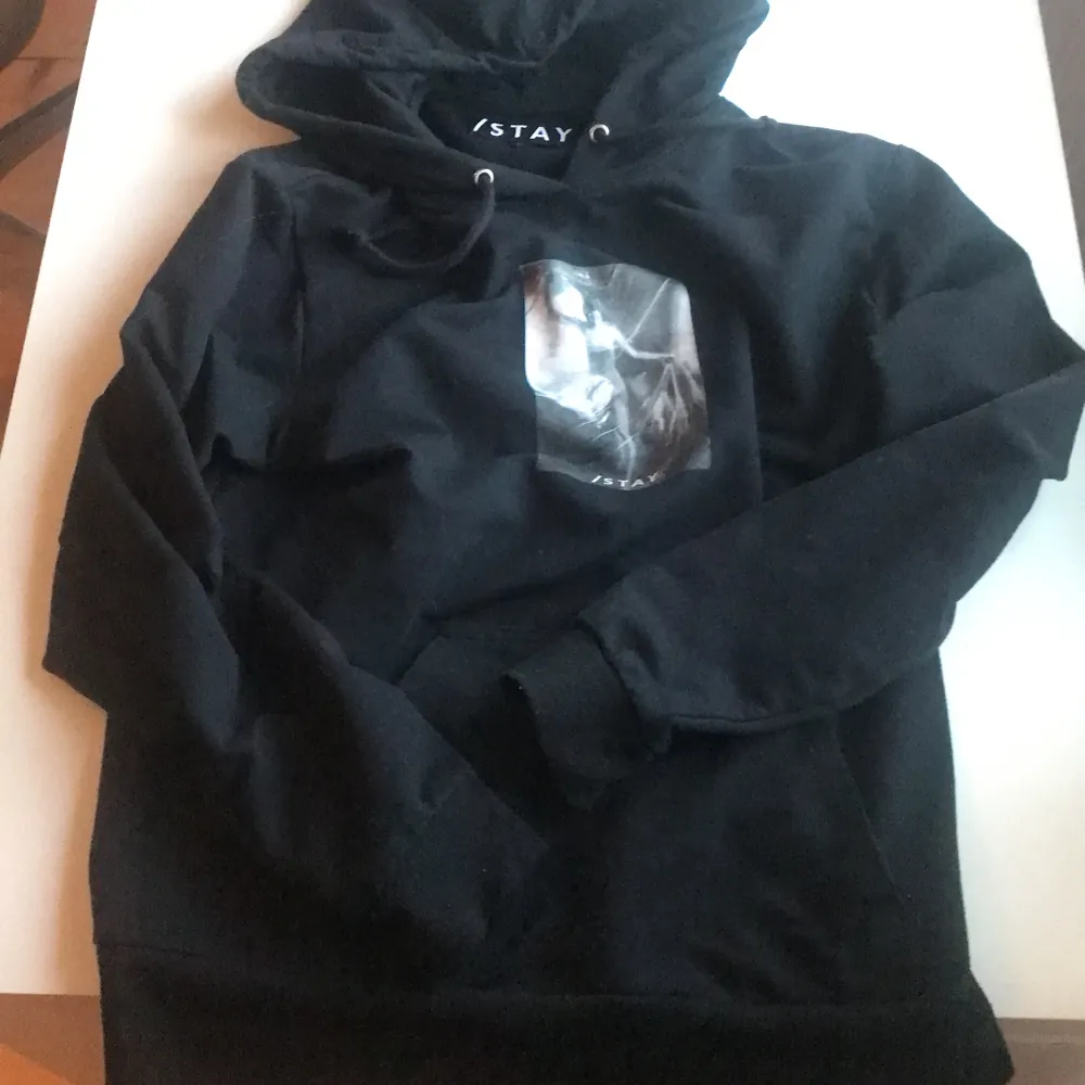 Säljer denna snygga hoodie med tryck från stay. Den är i storlek Xs men passar äver S. Hör av er om ni är intresserade och använd inte köp nu!😻. Hoodies.