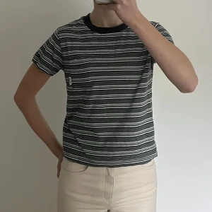 grön randig tröja - grön randig tröja med vita ränder på från urban outfitters. aningens kortare modell så passar fint till alla typer av jeans. strlk s. 🤍