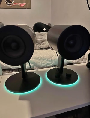 Högtalare Razor Nommo 2.0Chroma - Razer Nommo Chroma högtalare med rgb belysning. Kopplas in via USB eller aux.  Högtalarna köpta för 1 ar sedan. Endast använda ett fåtal ggr. De fungerar perfekt. Spelhögtalare på PC/PS5 Bas och volymkontroll Lättätkomligt hörlursuttag