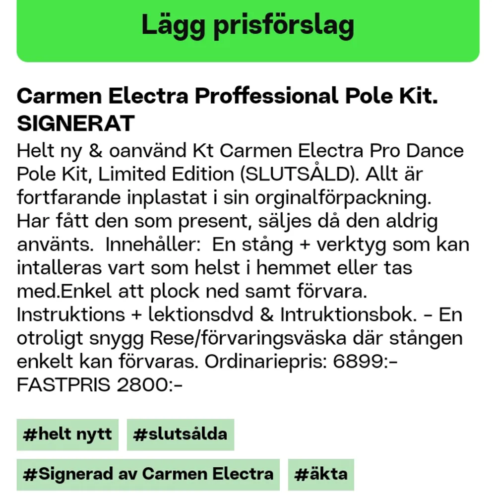 Helt nytt/oanvänd Carmen Electra Proffesional Pole Kit   Mer information finnes bland bilder.  Priset kan diskuteras vid snabb affär 🛍️👛💐. Övrigt.