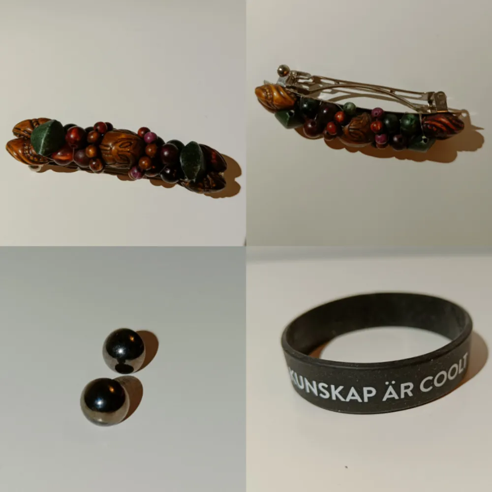 Säljer accessoarer för endast 50 kr! Ingår ett hårspänne, ett par örhängen och ett armband med text