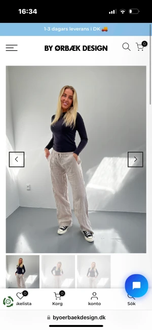 Linnebyxor - Helt nya fina linnebyxor från design by orbaek. Beiga, mjukt linnetyg. Lappen sitter kvar i då jag aldrig använt dem. Kan skicka eller mötas upp i Linköping!💓 Storlek one size, men skulle säga ca 38-42, som sagt one size så alla kan typ ha de😋