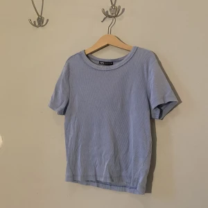 Topp - En zaratopp i ljusblått. Ribbad och söta detaljer i kragen. Storlek M men jag skulle verkligen säga S om inte XS. Dock väldigt stretchig så ksk M om den ska sitta tajt. Kort i modellen om det inte syns på fotona