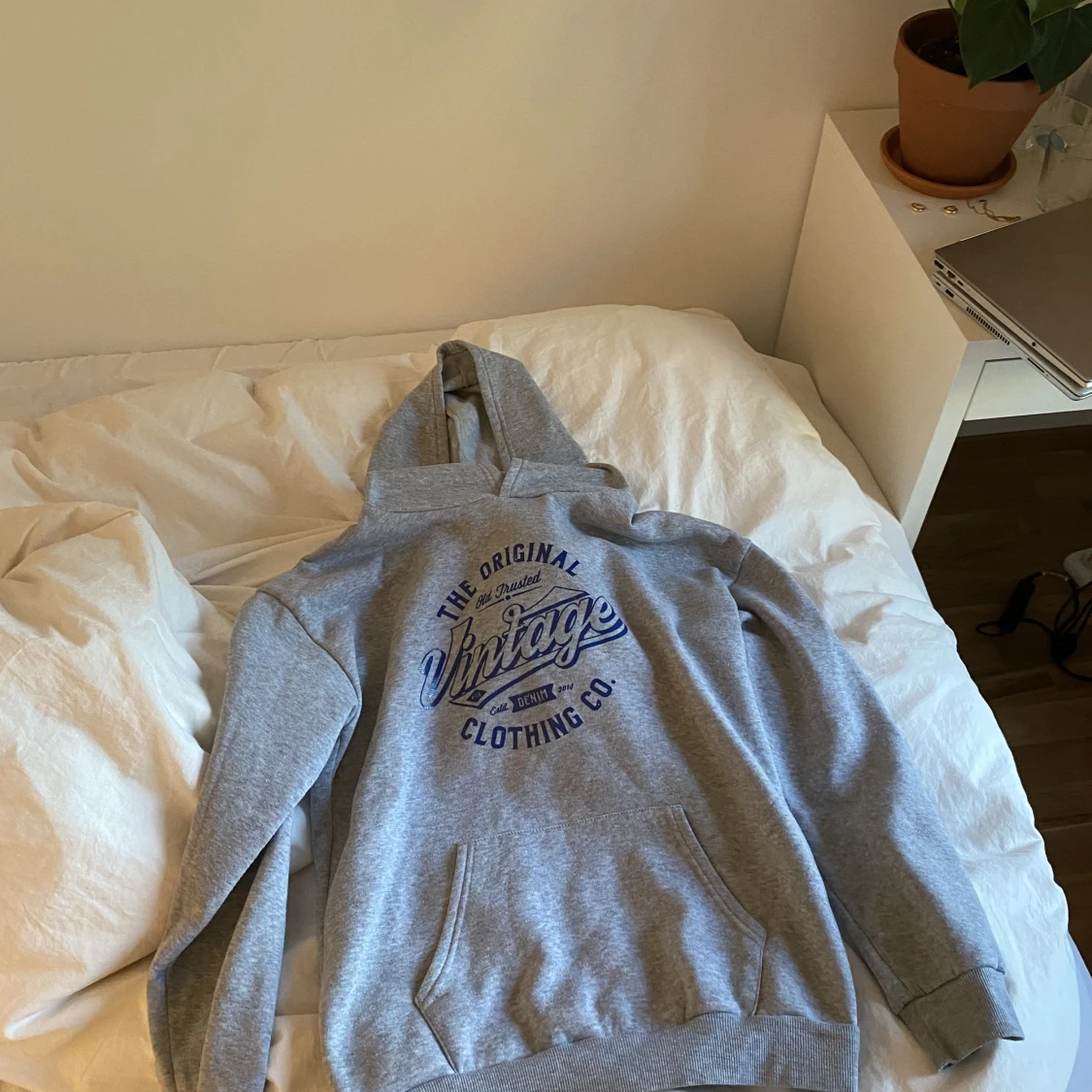 Grå hoodie med blått tryck!