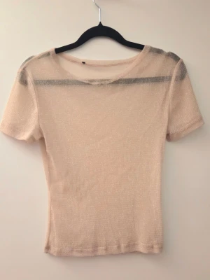 Beige glittrig mesh topp - Säljer en beige glittrig mesh topp med korta ärmar och rund hals. Toppen är väldigt genomskinlig. Hittar inget märke eller storlek men uppskattar storleken till ungefär xs/s.