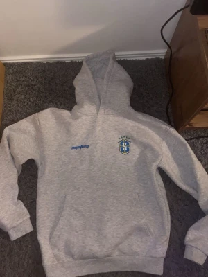 Grå hoodie med tryck och huva - Säljer en ljusgrå hoodie med huva och magficka. På bröstet finns ett blått tryck och ett klubbmärke i blått, gult och vitt. Hoodien har ribbade muddar vid ärmar och nederkant. Perfekt för en avslappnad och sportig stil.