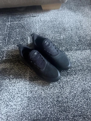 Svarta Nike Air Max 270 - Säljer ett par helsvarta Nike Air Max sneakers med klassisk låg siluett. Skorna har ventilerande meshpartier och detaljer i syntetmaterial. Snygg och stilren design med diskret Nike-logga på plösen och hälen. Perfekta för dig som gillar sportig och clean look. Tyvärr är det punka där bak men annars ett välldigt bra skick. Storlek 42. Inga snörren på bilden, men jag kommer att skicka med snörren samt box. Vid fler frågor eller intresse hör av dig till mig! 