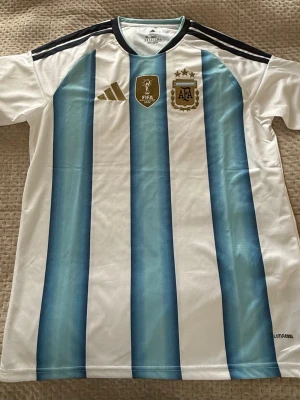 Argentina fotbollströja blåvit - Säljer en klassisk Argentina fotbollströja i blått och vitt med svarta detaljer och guldiga loggor på bröstet. Tröjan har korta ärmar, rund hals och är tillverkad i ett lätt och ventilerande material. Perfekt för match eller träning.