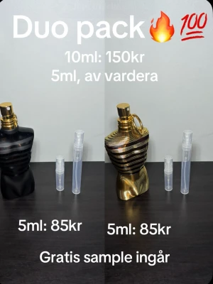 Parfym - Säljer ett duo pack på Jean Paul la male elixer och på la male le parfum, man får 5 ml vardera för 150kr, och orden packats på TikTok, namn elite sample. Är de några frågor kontakta mig. Och gratis sample ingår.