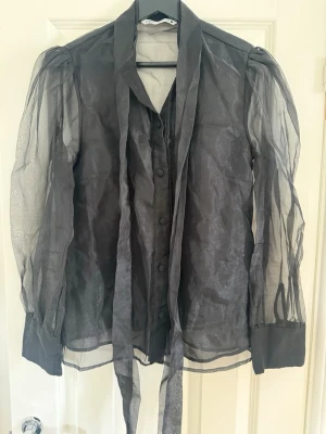 Svart transparent blus från Zara - Snygg svart transparent blus från Zara med puffiga långärmar och knappar framtill. Blusen har en dekorativ knytband vid kragen och är gjord i ett tunt, skirt material som ger en cool och trendig look.