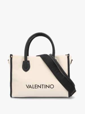 Vit handväska från Valentino - Stilren handväska från Valentino i vit canvas med svarta detaljer och handtag. Väskan har ett tydligt Valentino-tryck på framsidan och svarta sömmar längs kanterna. Väskan är lite smutsig nertill. 