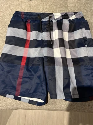 Blårutiga shorts med snörning - Snygga shorts med blått, vitt och rött rutmönster. De har elastisk midja med svart snörning och är tillverkade i ett glansigt syntetmaterial. Perfekta för sommaren och ger en fräsch look.