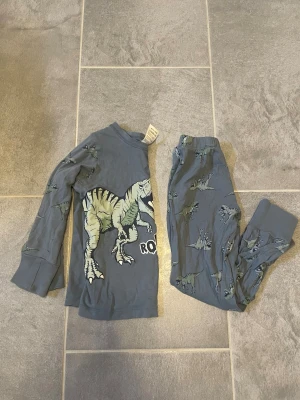 Blå dinosauriepyjamas barn - Mysig pyjamas med långärmad tröja och byxor, dekorerad med stora och små dinosaurier samt texten 'ROAR' på framsidan. Tillverkad i mjukt bomullsmaterial och har muddar vid ärmar och benslut för extra komfort. Perfekt för alla små dinosauriefans!