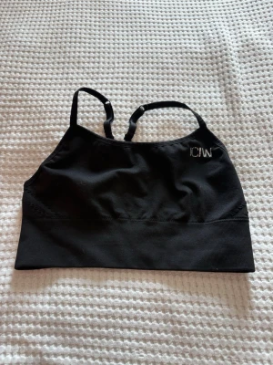 Svart sömlös sport-bh ICANIWILL - ICANIWILL (ICW) seamless sport-bh i svart, storlek M. Justerbara axelband och brottarrygg med ventilerande meshparti. Använd men i fint skick med normalt slitage. Perfekt till gym, promenader och annan träning.
