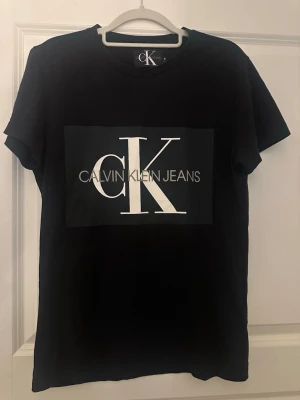 Svart t-shirt från Calvin Klein Jeans - Svart t-shirt från Calvin Klein Jeans med stort vitt CK-logotryck på bröstet. Klassisk rund halsringning och korta ärmar. Tillverkad i mjuk bomull för en bekväm känsla. Perfekt för en stilren och avslappnad look.