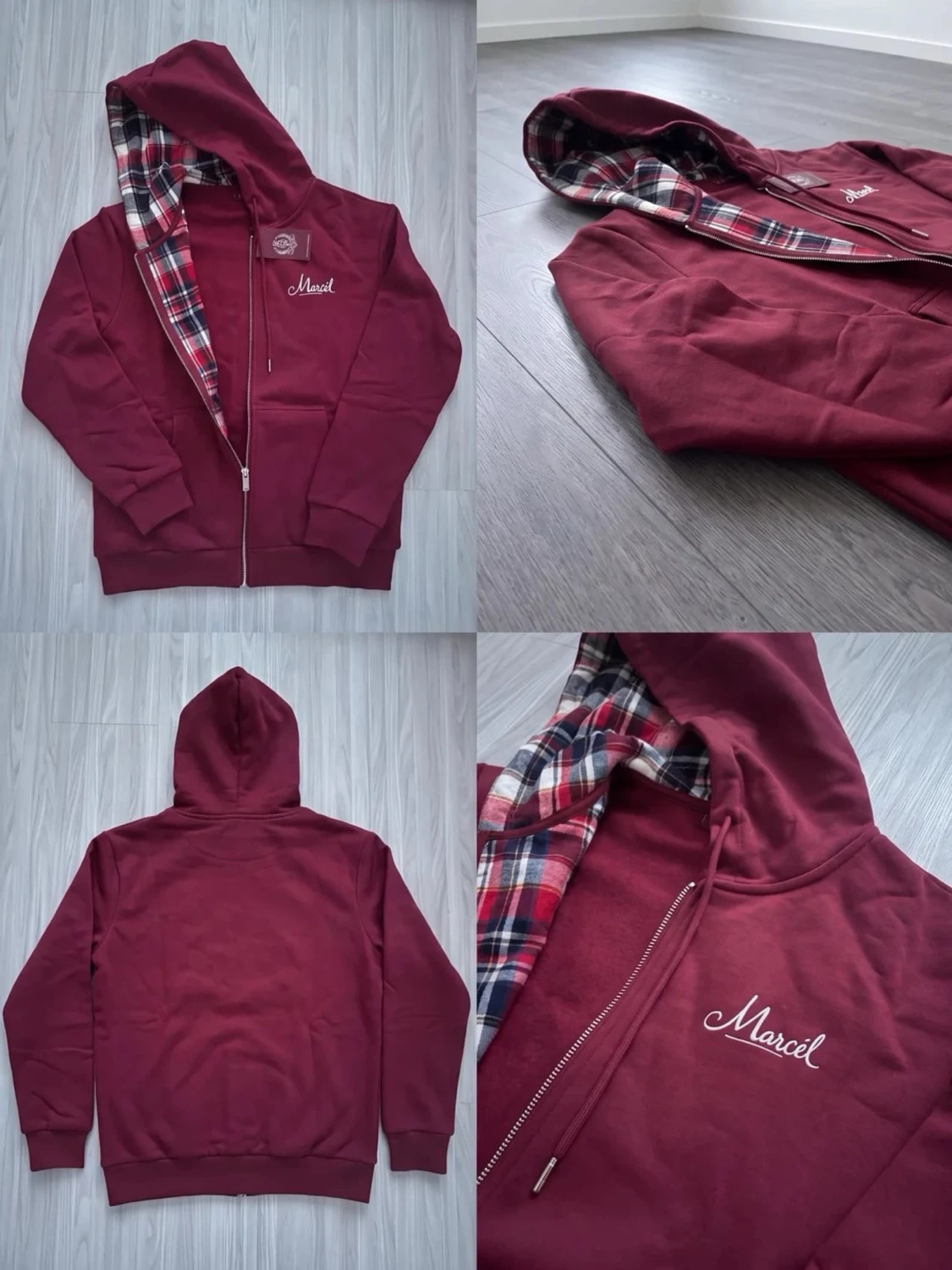 Vinröd hoodie med rutigt foder