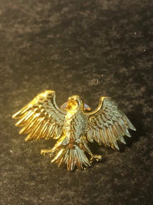 Guldfärgad örn brosch stämplad med "585" & "14k" vikt: ca 4,80g - Snygg brosch i form av en örn med utbredda vingar, tillverkad i guldfärgad metall och inte guld även fast den är stämplad som 14karat, jag har guldtestat den med syra och den gav inget utslag.