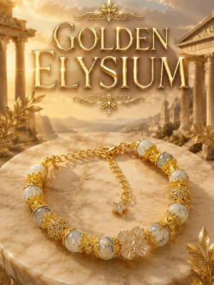 Golden Elysium 💫 Armband  - Snyggt armband med vit/blå pärlor och guldfärgade ådror. Armbandet har en glittrande blomma i mitten och en liten stjärnberlock vid låset. Perfekt för dig som gillar unika accessoarer med lyxig känsla. Justerbar längd med kedja.