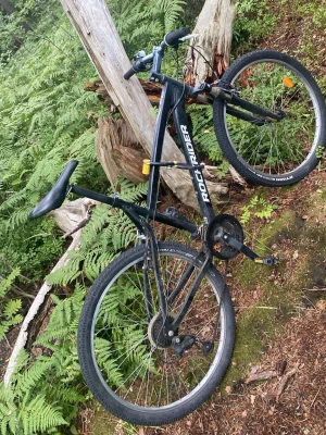 Svart mountainbike Rockrider - Säljer en svart mountainbike från Rockrider med robust ram, grova däck och raka styren. Cykeln har växlar och handbromsar, perfekt för skogsstigar och äventyr. Snygg och sportig design med vita detaljer på ramen. 