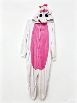 Onesie enhörning vit och rosa 155/160 - Mysig enhörningsdräkt i onesie-modell med vit bas och rosa mage. Dräkten har huva med broderat enhörningsansikte, öron, horn och rosa man. Tillverkad i mjukt fleece-liknande material och stängs med rosa knappar framtill. Perfekt för maskerad eller cosplay!
