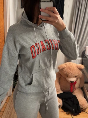 Grå hoodie med CHICAGO-tryck - Snygg grå hoodie med huva och dragsnören, samt stor magficka framtill. Trycket 'CHICAGO' i rött och vitt ger en sportig vibe. Tillverkad i mjukt sweatshirtmaterial som är perfekt för chill dagar. Passar dig som gillar streetwear och enkel stil.