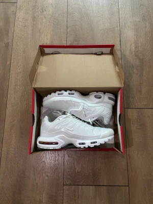 Helt nya Nike Air Max Plus TN (Triple White) - Strl 41 🔥✨ - Säljer ett par grymma och helt nya Nike Air Max Plus (TN) i klassisk helvit design. Skorna är aldrig använda, kommer med originalkartong och tagsen sitter kvar!  Storlek: 41  Skick: Helt nya / Deadstock (DS) i box  Färg: Triple White  Kvitto: Saknas Skickas spårbart eller hämtas enligt överenskommelse. Köparen står för frakten. Skriv ett DM om du har några frågor eller vill ha fler bilder! 👟💨 