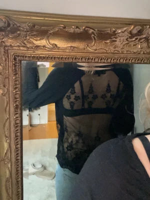 Svart långärmad topp med spetsdetaljer - Säljer en svart långärmad topp med transparent rygg i spets och blommönster. Framsidan är enkel och slät medan baksidan har en snygg öppen look med broderade blommor. Perfekt för dig som vill ha något stilrent men ändå unikt.