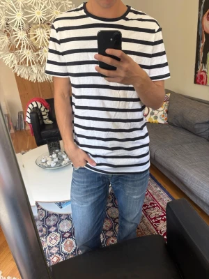 Vit t-shirt med blåa ränder - Säljer en vit t-shirt med blåa horisontella ränder. Klassisk rund halsringning och korta ärmar. 