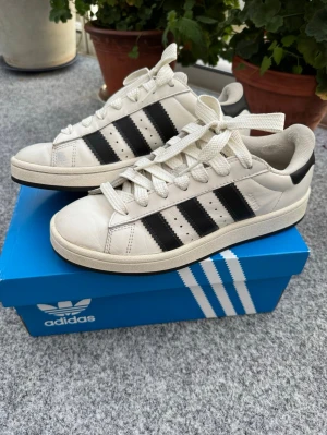Vita Adidas campus sneakers med svarta ränder - Klassiska vita Orginal Adidas campus 00s sneakers i läder med de ikoniska tre svarta ränderna på sidan!🤩Skorna har vit sula, vita skosnören och svart detalj vid hälen samt deras logga. Perfekta för en stilren och snygg look🙌Storlek 40 2/3 (25,5cm)! Använda flera gånger men utan fel eller stora synliga defekter. Tyget vid hälen har slitits lite bara🤍SÅÅ mjuka och bekväma skor🥹😻Låda inkluderas, 100% äkta. Tror det är unisex modell. Köpta på Zalando för ca 1400kr, nu slutsålda!❤️