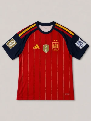 Spaniens fotbollströja 2026 - Säljer en officiell röd matchtröja för Spaniens landslag med gula detaljer och mörkblå ärmar. Tröjan har pressade emblem.