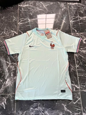 Ljusblå Nike fotbollströja Frankrike - Snygg ljusblå fotbollströja från Nike med Frankrikes landslagsemblem på bröstet. Tröjan har korta ärmar med röd, vit och blå rand på muddarna samt röda detaljer längs sidorna. Tillverkad i ett lätt och ventilerande material, perfekt för träning eller match.