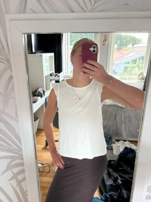 Vit ärmlös topp med spetsdetaljer - Säljer en söt vit ärmlös topp med fina spetsdetaljer vid axlarna. Toppen har rund halsringning och är gjord i ett mjukt material som känns skönt mot huden. Perfekt till jeans eller kjol för en fräsch look.