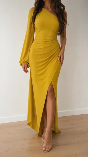 Gul långklänning med slits från asos - Snygg gul långklänning med offshoulder och långa, vida ärmar. Klänningen har en hög slits framtill och draperad midja som ger en smickrande siluett samt en sjal som hänger från axeln. Perfekt för dig som vill sticka ut med en färgstark och trendig look. Klänningen är original i storlek 40 men är insydd till en 36! OBS: FRAKTAR INOM 24H!🩷