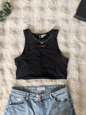 Svart croppad linnetopp BLACK PINK H&M - Säljer en svart croppad linnetopp från H&M med trycket BLACKPINK i rosa framtill. Toppen är ärmlös och har en sportig, enkel design med rund halsringning. Perfekt för dig som gillar K-pop och vill ha en stilren topp till sommaren.