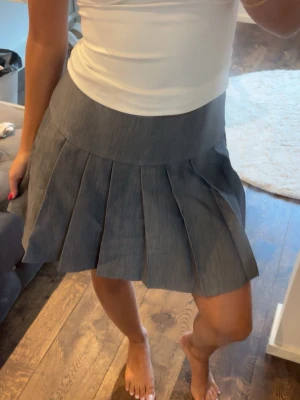 Grå plisserad minikjol - Snygg grå minikjol med bred linning och tydliga plisserade veck. Kjolen har en klassisk och stilren look som passar perfekt till en enkel topp. Materialet ser ut att vara ett mjukt och följsamt tyg, troligen bomullsblandning.