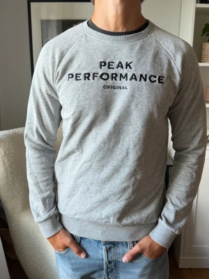 Grå sweatshirt Peak Performance - Snygg grå sweatshirt från Peak Performance med svart broderad logga på bröstet. Tröjan har rund halsringning, långa ärmar och ribbade muddar vid ärmslut och nederkant. Perfekt till jeans eller joggers för en avslappnad look. L i barn