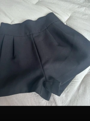 Oddmuse shorts - Stilrena svarta shorts med hög midja och diskreta veck framtill. Klassisk design med en bred linning och dragkedja bak.  Midjemått 30 cm och längd 32 cm.